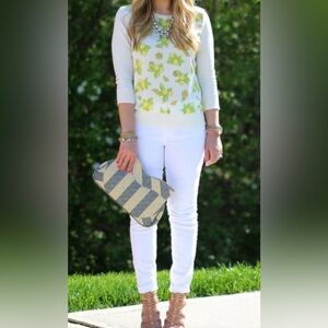 Ann Taylor Lemon Print Woven Front 3/4 Sleeve‎ Pullover Knit Sweater Size Small